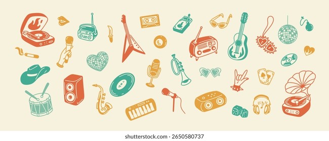 Retro music hand drawn doodle background. Old fashion rock and pop concert design elements and icons. 80s 90s y2k style nostalgia disco party, karaoke, festival sketch poster. Vinyl player