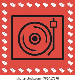 Retro music icon flat. Simple black pictogram on red background with white hearts for valentines day. Vector illustration symbol
