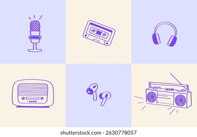 Retro Music Icon Grid – Headphones, Cassette, Microphone, Radio, Boombox, Earbuds. 6 hand drawn illustrations about retro music icons with minimal design – perfect for stickers, apps, or branding.