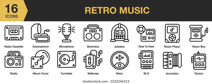 Conjunto de ícones Música Retrô. Inclui acordeão, capa de álbum, boombox, dispositivo, gramofone, jukebox e muito mais. Contornar coleção de vetores de ícones.