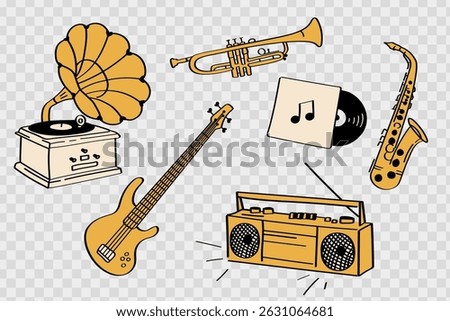 Retro Music Instruments Clipart Set – Gramophone, Saxophone, Guitar, Trumpet, Boombox. Hand-drawn vintage music clipart set with retro instruments on transparent background.
