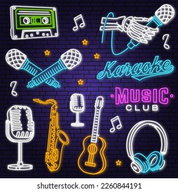 Retro music instruments and equipment neon icon. Neon sign, emblem, bright signboard, light banner with retro headphones, saxophone, audio cassette, classical acoustic guitar, skeleton hand and