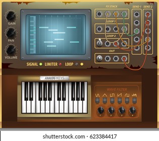 Retro music interface and elements. Virtual graphic. Analogue user interface. Mixer. Equalizer. Drum pad. Synthesizer. Vector Illustration. Interface plug-in music