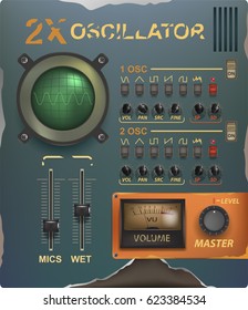 Retro music interface and elements. Virtual graphic. Analogue user interface. Mixer. Equalizer. Drum pad. Synthesizer. Vector Illustration. Interface plug-in music