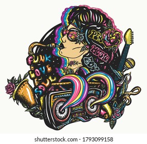 Retro music lifestyle. Jazz, funk, soul, disco. Karaoke concept. American hippie woman. Musical girl, saxophone, guitar and retro rainbow boom box. Tattoo and t-shirt design 