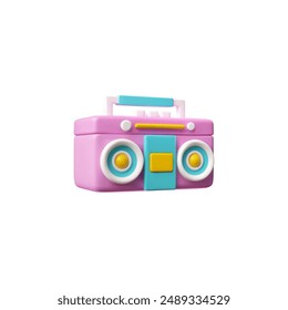 Retro music listening and recording device, cassette player 3D plastic style icon. Realistic radio boom box. Vintage multimedia for 90s disco party. Vector render illustration isolated