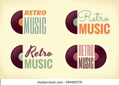 Retro music logo set. Vintage vinyl records emblems. Retro vector design elements