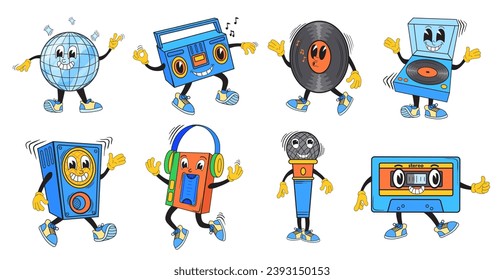 Mascotas de música retro. Los personajes de los equipos de música estéreo vintage bailan en fiesta con ácido, dibujos animados divertidos bola disco monstruo, radio vinil record dj beatbox ilustración vectorial del disco retro