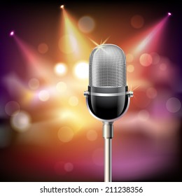 Retro music microphone musical equipment emblem on stage background vector illustration.