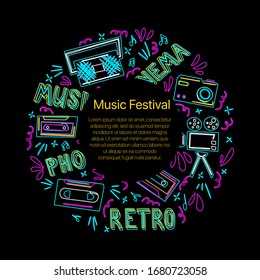 Retro music neon card concept in doodle style.