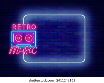 Retro music neon invitation. Back to 80s, 90s. Event greeting card. Empty white frame and typography with audio cassette. Dance party and concert. Glowing flyer. Editable stroke. Vector illustration