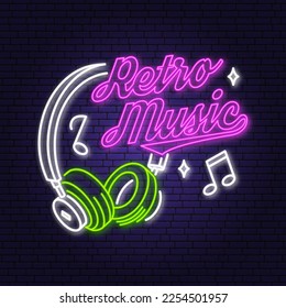 Retro music neon poster, banner. Neon sign, emblem, bright signboard, light banner with retro headphones. Vector illustration. Advertising bright night karaoke for night club. Design template