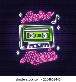 Cartel de neón de música retro. Signo de neón, emblema, letrero luminoso, banner luminoso con cinta de audio retro. Ilustración vectorial. Publicidad de neón brillante para discoteca. Plantilla de diseño