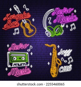 Retro music neon poster, banner. Neon sign, emblem, bright signboard, light banner with retro headphones, saxophone, audio cassette, classical acoustic guitar. Vector illustration. Advertising bright