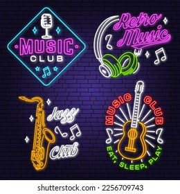 Retro music neon poster, banner. Neon sign, emblem, bright signboard, light banner with retro headphones, saxophone, classical acoustic guitar. Vector illustration. Advertising bright neon for night