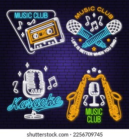 Retro music neon poster, banner. Neon sign, emblem, bright signboard, light banner with retro headphones, saxophone, audio cassette, classical acoustic guitar. Vector illustration. Advertising bright