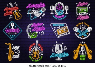 Retro music neon poster, banner. Neon sign, emblem, bright signboard, light banner with retro headphones, saxophone, audio cassette, classical acoustic guitar. Vector illustration. Advertising bright.