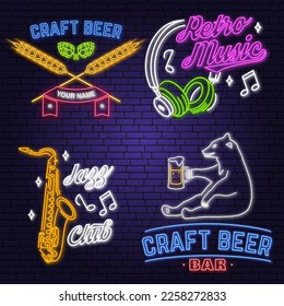 Retro music neon poster, banner. Neon sign, emblem, bright signboard, light banner with retro beer bar sign, headphones, saxophone, bear. Vector illustration. Advertising bright neon for bar, pub and