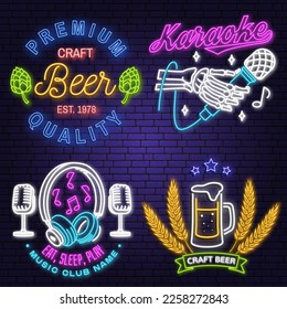 Retro music neon poster, banner. Neon sign, emblem, bright signboard, light banner with retro beer bar, headphones, saxophone. Vector illustration. Advertising bright neon for bar, pub and restaurant