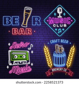 Retro music neon poster, banner. Neon sign, emblem, bright signboard, light banner with beer bar sign, microphone, Audio cassette tape. Vector illustration. Advertising bright neon for bar, pub and