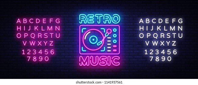 Retro Music neon sign vector. Retro Music Design template neon sign, Retro Style 80-90s, celebration light banner, gramophone neon signboard, nightly advertising. Vector. Editing text neon sign