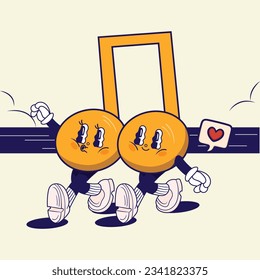 Retro music note illustration, vintage style musical note, vector happy notes