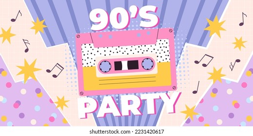 Fiesta de música retro e invitación. Fondo de radio de los años 90, estilo disco gráfico vintage. Casete de la vieja escuela, afiche de racy funky vector nostalgia