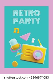 Retro music party banner or cover design with bright 3D elements, realistic render illustration. Disco fluorescent neon style template for dance and music party.