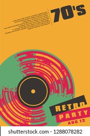 Retro music party conceptual poster design. Colorful vinyl record trendy artistic graphic. Vector leaflet concept for musical event.