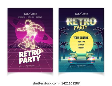 Retro music party, disco club dancing event, DJ performance in nightclub cartoon vector placard, flyer, advertising leaflet pages template. Spaceman on surfboard, futuristic car cyberpunk illustration