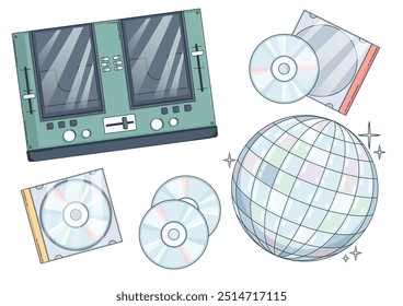 Retro music party element with disco ball icon. Pop style record vector set. Dance disc for festival. Y2k recorder for concert isolated clipart. Cool stereo player for game 1990s hippy object