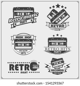 Retro music party emblems, labels, badges and design elements. Vector set. 