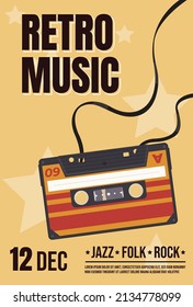 Retro music party holiday event poster with place for text vector flat illustration. Vintage clubbing disco dancing invitation with antique tape audio cassette. Jazz, folk and rock musical performance