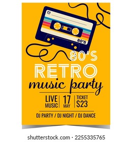 Cartel de invitación de fiesta de música retro con cassette de audio de fondo amarillo. Pancarta vectorial o plantilla de diseño de volante en estilo plano para concierto retro de los 80, noche de baile disco o espectáculo de los 80.