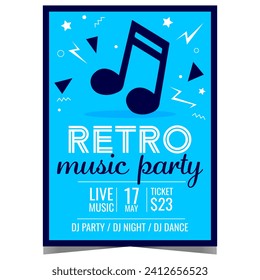 Retro music party invitation poster or banner with dancing music note on the blue background. Vector leaflet or flyer for live music entertainment event  in the nightclub in old vintage style.