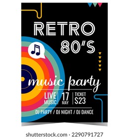 Retro music party invitation and promotion banner or poster with retro colored vinyl record player on black background suitable for old-school eighties music events and 80's concert and festival.