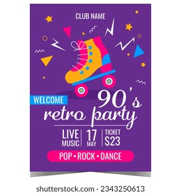 Retro music party poster in 90's style with vintage disco roller skates and colourful abstract graphic elements on the blue background. Invitation for disco dance event in the night club.