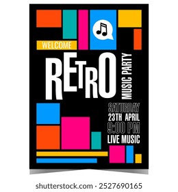 Retro music party poster or banner with colourful geometric shapes. Vector invitation template for musical show, disco dance entertainment event with live DJ performance.