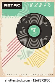 Retro music party poster design. Vinyl record gramophone disc on old paper texture.