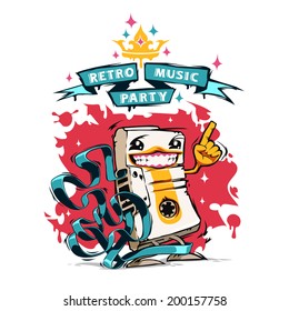 Retro Music Party Poster With Happy Audio Cassette. In the EPS file, each element is grouped separately. Isolated on white background.