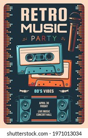 Retro music party vector flyer or poster. Live music performance, 80s hits concert vintage vector banner. Magnetic tape compact cassettes, stage microphone and audio speakers, neon disco lights