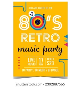 Ilustración vectorial de fiesta de música retro con reproductor de discos de vinilo de 80 sobre fondo amarillo. Invitación a una fiesta musical en vivo, pancarta promocional o afiche para el nostálgico evento musical de la vieja escuela.