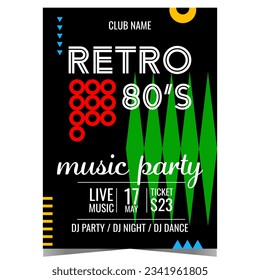 Retro music party vector illustration with 80's vintage graphic elements on black background. Retro music concert promo poster or banner, invitation leaflet or flyer for disco dance club event.