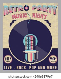 retro music party vector poster design, retro vintage music poster artwork, vintage microphone vector, rock and roll live concert poster design, vintage t shirt design 