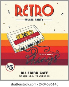 retro music party vintage design, retro old music cafe postar design, audio cassette vector drawing, 80s, 90s vintage t shirt design, retro typography 