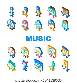 retro music party vintage icons set vector. 80s 90s disco, character style, poster flyer, smile modern, ball groovy, funky retro music party vintage isometric sign illustrations