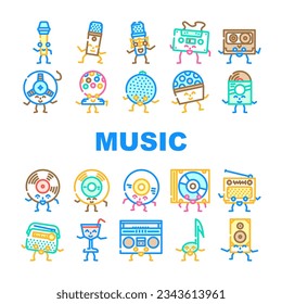 retro music party vintage icons set vector. 80s 90s disco, character style, poster flyer, smile modern, ball groovy, funky retro music party vintage color line illustrations