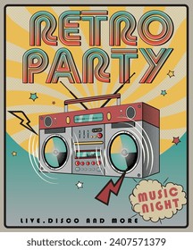 retro music party vintage poster design, live music festival graphic art, Vintage cassette music player, old sound recorder and audio cassettes victor, retro vintage typography 