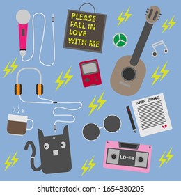 retro music patches collection. guitar, black cat, earphone, cassette, mic, sad song, gameboy, coffee, and please fall in love with me.