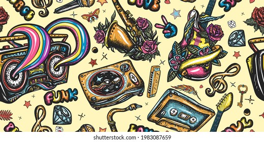 Retro music pattern. Musical instruments. Dj vinyl, boom box, rock guitar and saxophone. Funny background. Jazz, funk, disco and soul concept. Street lifestyle. Old school tattoo style